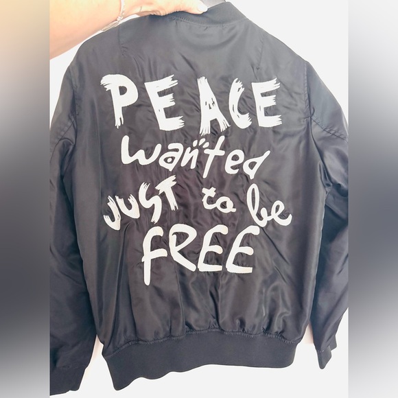 Black Bomber Jacket with White Text - Picture 1 of 3